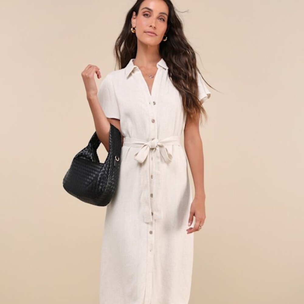 Lulus Italian Summer Beige Linen Midi Dress - Size M